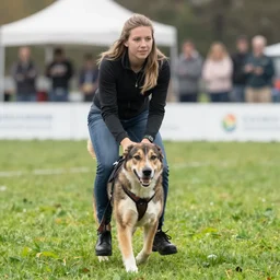 a person riding a dog ; 9 0's professional color photograph