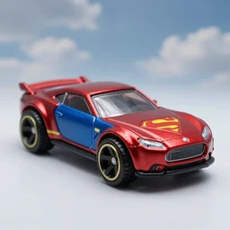 3 5 mm photo of metallic red and blue superman car like hot wheels model with a sky as background, epic cinematic, epic lighting