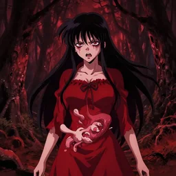 aqua from konosuba with worms coming out of her stomach, lovecraftian horror, red and black color palette, dark forest in the background, in the style of wlop