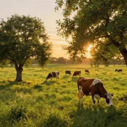 cow pasture with fruit trees in sunset, back light, highly detailed, cinematic lighting, highly angle, volumetric, photorealistic, digital art painting by greg rutkowski