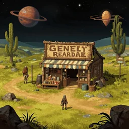in front of a general store in a remote outpost, on an alien planet, from a space themed point and click 2 d graphic adventure game, set design inspired slightly by hg giger and tomb raider, art inspired by thomas kinkade and greg rutkowski
