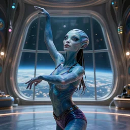 vfx movie scene closeup portrait of beautiful blue skin fit alien gorgeous woman dancing in in yoga pants in sleek futuristic decadent spaceship pillars, alien antenna, futuristic ballroom. big eyes, soft skin, giant windows view of earth obit. by emmanuel lubezki