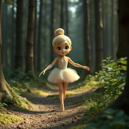 blond prima ballerina as nendoroid walking in a forest in the croods movie style, anime, disney, pixar, 8 k, hd, dof, kodak film, volumetric lighting, subsurface scattering, photorealistic, octane render, details