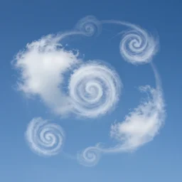 multiple small spiral lines, fluffy swirling clouds, blue sky