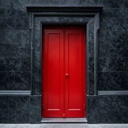 A photo of a closed red metallic door and a wall of black marble, majestic and misterious