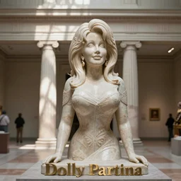 a marble sculpture of Dolly Parton in a museum hall, soft sunlight dappling, classical architecture,  award-winning photo