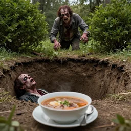 a zombie puts out a bowl of soup as a trap for adventurers looking to loot his fake corpse, but they walk right past it and into a pitfall while he laughs at them from behind the bushes