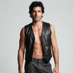 photo of fabio lanzoni with black hair and a five o clock shadow wearing a black black leather vest vest, shirtless, dark cargo pants 0 0 0 0 0 0