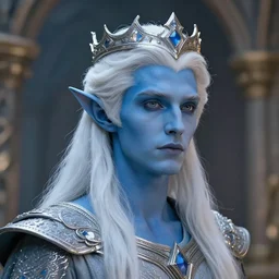 the prince of frost standing alone in his court, single person, archfey, head and shoulders portrait, fantasy, white hair, blue skin, wild eyebrows, young adult, elf, crown, hard edges, soft lighting, professional lighting, trending on artstation