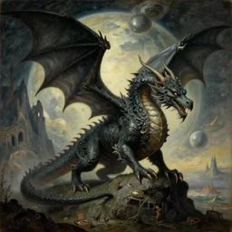 A majestic gothic dragon, by William Blake, by Matthias Grunewald, by Emil Nolde, by Greg Rutkowski, masterpiece, oil on canvas, trending on artstation, top on pixiv, cinematic composition, dramatic scene, beautiful lighting, aesthetic!, planetary landscape, concept art, sharp, high details, astrophotography, no frames, 8K
