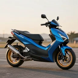 photo of a concept sport maxi scooter, blue paintjob, tuning award, racing appearance, high powered engine, racing exhaust, golden hour, colorful rims, 8 5 mm, f / 1. 3