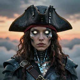 symmetry! closeup middle biblical diabolical pirate cyborg girl! stylish armor, heavy eyes to the side, closeup, bright glowing eyes, in clouds, rain, sunset, portrait, by gerald brom, by mikhail vrubel, by peter elson, muted colors, extreme detail, mirrors, trending on artstation, 8 k