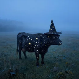 a detailed landscape painting of a cow made of stars standing in a grassy field wearing a witch hat, cow wearing hat!!! viewed in profile and far away, fog in the background, ultrawide lens, aerial photography, black and blue color scheme with gold highlights, art by greg rutkowski and and rembrandt and alphonse mucha, artstation, 8 k