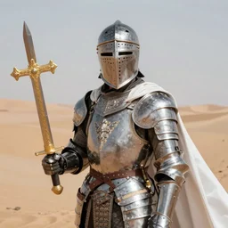 white man looking forward in decorated plate armor, cylindrical crusader great helm covering all his head and white silk cape covering his elbows holding golden cross shaped heavy sword in the desert drawn by greg rutkowski realistic high detail
