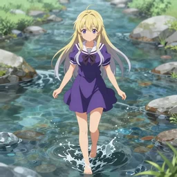 advanced digital anime art, Sakimichan , a gorgeous high school girl with long gold and silver hair wearing a violet dress and bare feet walking through a crystal clear river, DOF, Gaussian Blur,