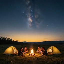 symmetry!! they are tent camping by the campfire under a sky full of stars, surreal landscape, golden hour, very detailed, perfect composition, perfect lighting, 4 k, trending on artstation, greg rutkowski, derek zabrocki, artgerm, chuck close, ruan jia, makoto shinkai, wlop