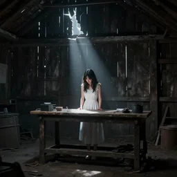 style : disco elysium. composition : medium shot. style : digital art ; detailed ; dreamlike ; 4 k. scenery : the inside of a dark barn ; a faint ray of light is shining through a crack in the planks. subject : a young woman ; dark hair ; wearing a white dress. action : the woman is hiding behind a workbench.