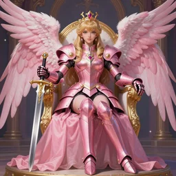 gorgeous!! hyper - realistic princess wearing ornate pink knight armor, angel wings, angemon l sitting at the thrown, holding a long sword | divine, elegant | illustration | drawn by wlop, drawn by jeehyung lee, drawn by artgerm