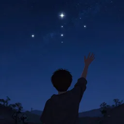 view from behind a dead by daylight killer as he reaches up to a night sky, stars are aligning, character portrait, digital art
