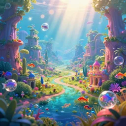 wonderland fairytale valley landscape crossroad beauty vibrant digital matte cyber Aquarium bubble fish artstation, cgsociety, 8k  radiating a glowing aura  rays of sunlight bokeh