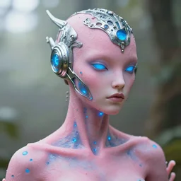 natural light, soft focus portrait of a male cyberpunk anthropomorphic coral with soft synthetic pink skin, blue bioluminescent plastics, smooth shiny metal, elaborate ornate head piece, piercings, skin textures, by annie leibovitz, paul lehr