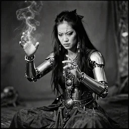 distresses vintage bw photo of a cyberpunk cyborg shaman doing magic