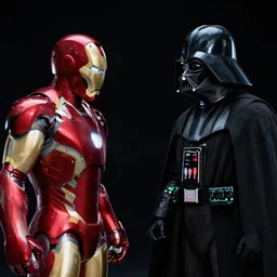 a duel between iron man ( left ) and darth vader ( right ), in space, shot on alexxa ; 3 5 mm cooke