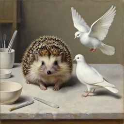 painting of a hedgehog and a white dove on a table in a ceramic workshop, surrounded by ceramicists tools and unfinished bowls, oil painting, northern renaissance art, oil on canvas, wet - on - wet technique, realistic, intricate textures, illusionistic detail