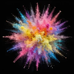a centered explosion of colorful powder on a black background