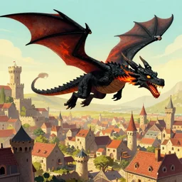 A black fire breathing dragon flying over a medieval city, cartoon