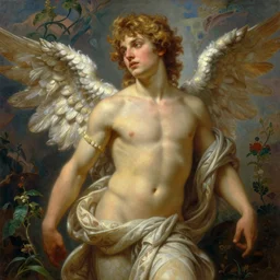 painted portrait of cupid, young male, mature mountain vegetation handsome powerful upper body burly robe fantasy intricate elegant extremely detailed digital painting trending artstation concept art sharp focus illustration art by alphonse mucha greg rutkowski craig mullins