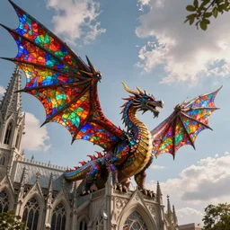 outside exterior view flying stain glass wings cathedral dragon in the sky, artstation, cinematic, concept art, 8k, Pinterest, cgsociety, hyper detailed, ultra realistic, illustration, epic, high resolution, post processing, high quality,