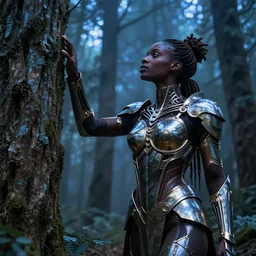 high quality photo very beautiful! black woman with detailed exoskeleton armor, touching tree, in a forest, digital art brad kunkle elson peter, dramatic blue light low angle hd 8k sharp focus