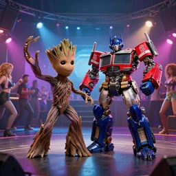 groot and optimus prime dancing at techno party among people, wide shoot, after effect ultra realistic 3 d