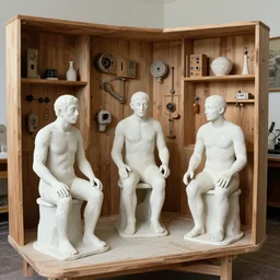 realistic photo of a three hairy human sculptures by max ernst made of white clay, in a living room sci - fi laboratory with many wooden gadgets made of wood interior is made of wood 1 9 9 0, life magazine reportage photo, natural colors