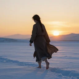 Himalayan woman walking barefoot in the snow, hair tied and braided loosely, beautiful flowing fabric, sunset, dramatic angle, cold, lost, hopeless, dynamic pose, 8k hdr pixiv dslr photo by Makoto Shinkai ilya kuvshinov and Wojtek Fus