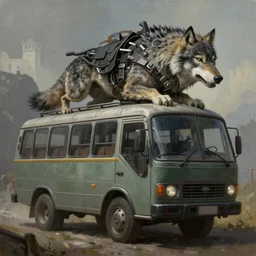 Medieval mythical creature - hybrid of bus and wolf, having head of wolf and body of bus, like transformer, oil on canvas, fantasy, digital painting, concept art, smooth, sharp focus, illustration, artstation trending, octane render, unreal engine, witcher 3