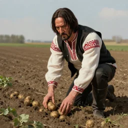 john wick wearing slavic national clothes and planting potatoes in the field, digital painting