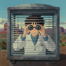 hyperrealist, studio ghibli dull colors portrait from close encounters of the third kind 1 9 7 7 of a scientist looking through venetian blinds in a cubic bubble monument valley stonehenge.
