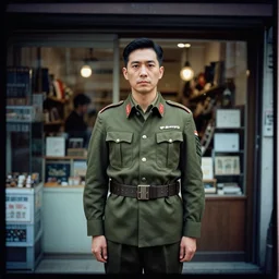 lomography, full body portrait photo of reol posing in front of a store wearing a retro military uniform in shibuya exterior view, moody, realistic, dark, skin tinted a warm tone, light blue filter, hdr, rounded eyes, detailed facial features, very dark