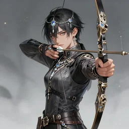 beautiful extremely detailed intricate concept art depicting an archer by sakimichan. shining jewelry. grey atmosphere. particles in the background. bcy. net
