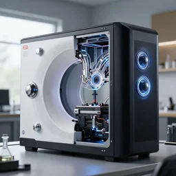 a beautiful elegant computer case cybernetic symbiosis hybrid mri 3 d printer machine making a bio chemical lab, shiny knobs, amazing, fantastic, natural light in room, drone camera lens orbs, global illumination, octane render, architectural, by greg rutkowski and artgerm and alphonse mucha,, f 3 2,