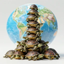 a stack of turtles beneath a flat earth, round map, turtle pile