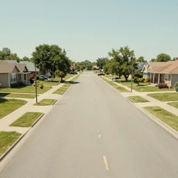 Grainy photograph of a liminal middle class American suburb, clean, empty street, broad daylight, octane render, hd, 4k, 3d render, film grain, flat lighting