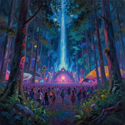 a beautiful painting of electric forest festival at night