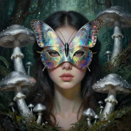 a close - up neoclassicist portrait of an alien girl wearing an iridescent retrofuturistic butterfly mask surrounded by silver mushrooms in a jungle. reflective textures. glowing fog in the background. highly detailed fantasy science fiction painting by norman rockwell, frank frazetta, and syd mead. rich colors, high contrast, gloomy atmosphere, dark background. trending on artstation