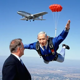 benjamin netanyahu skydiving, plane in background, by norman rockwell and michael cheval