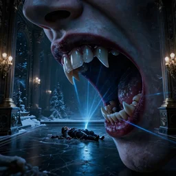 up close shot of vampire fangs, vampire human, winter, dark scenery, dark lighting, cinematic, cold freezing nights, laser lights, crybernetic, top floor boss shit, destroy lonely, black floor, lavish, luxurious, marble walls, cinematic, hyper realism, high detail, octane render, 8 k