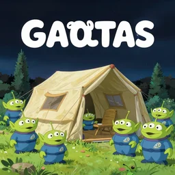 space camping with aliens as poster cover, ghibli style, mobius design