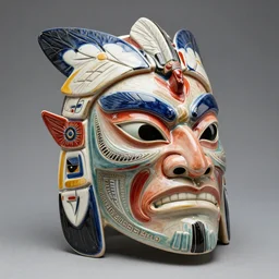 fantasy art ultra 4 k photo of a bizzare colorful alaska indian totem design warrior knightmask made of ceramic carved by h. r. giger